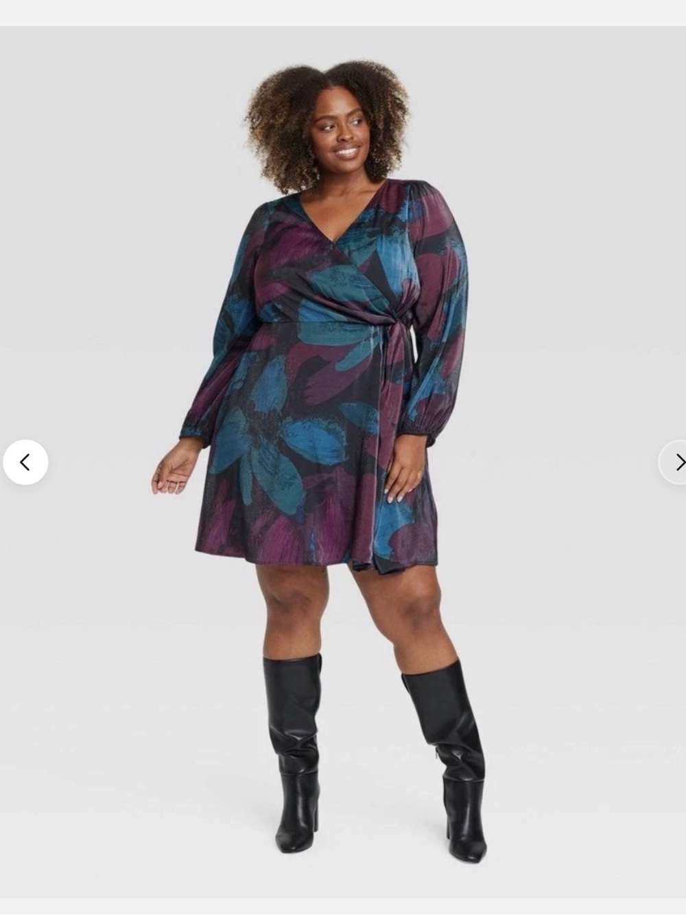 NEW Ava & Viv Balloon Long Sleeve Midi Faux Wrap Dress Pockets - Picture 3 of 7